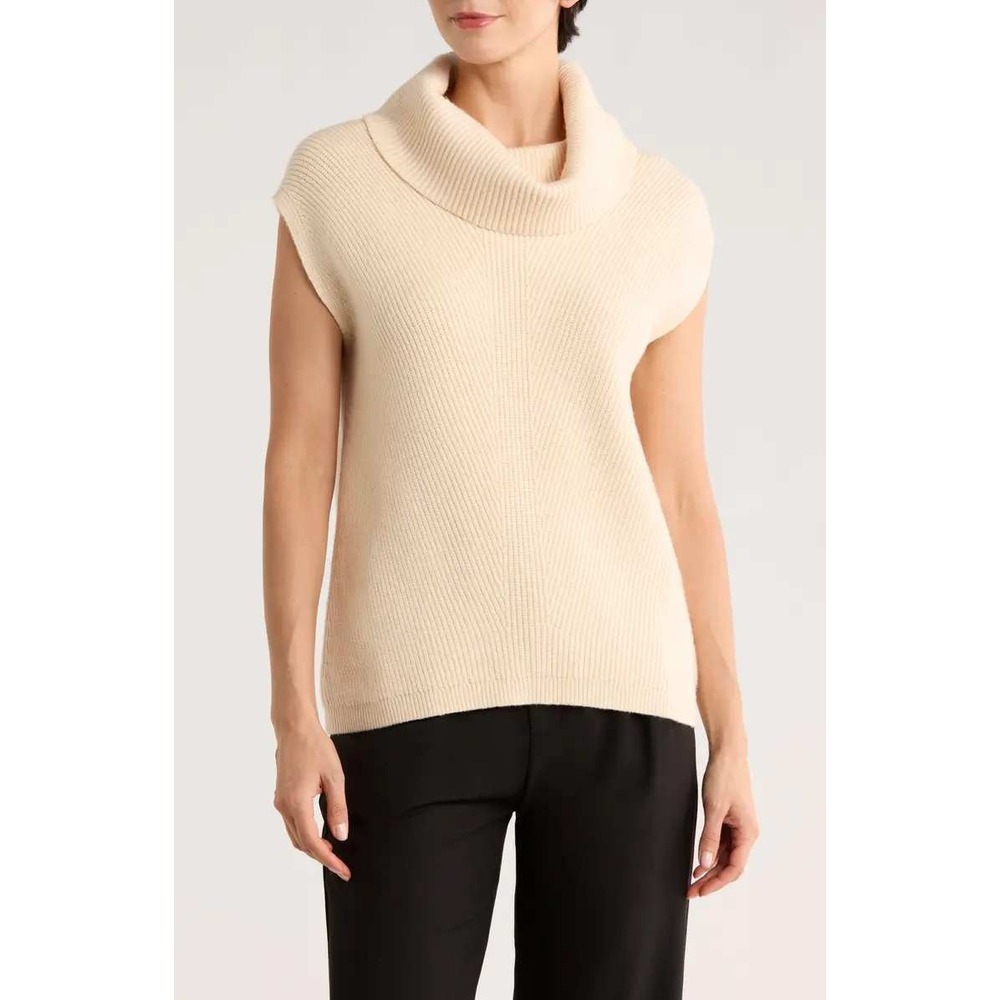 Elie Tahari Women Cream Ribbed Cowl Neck Sweater Vest Sleeveless Pullover Large